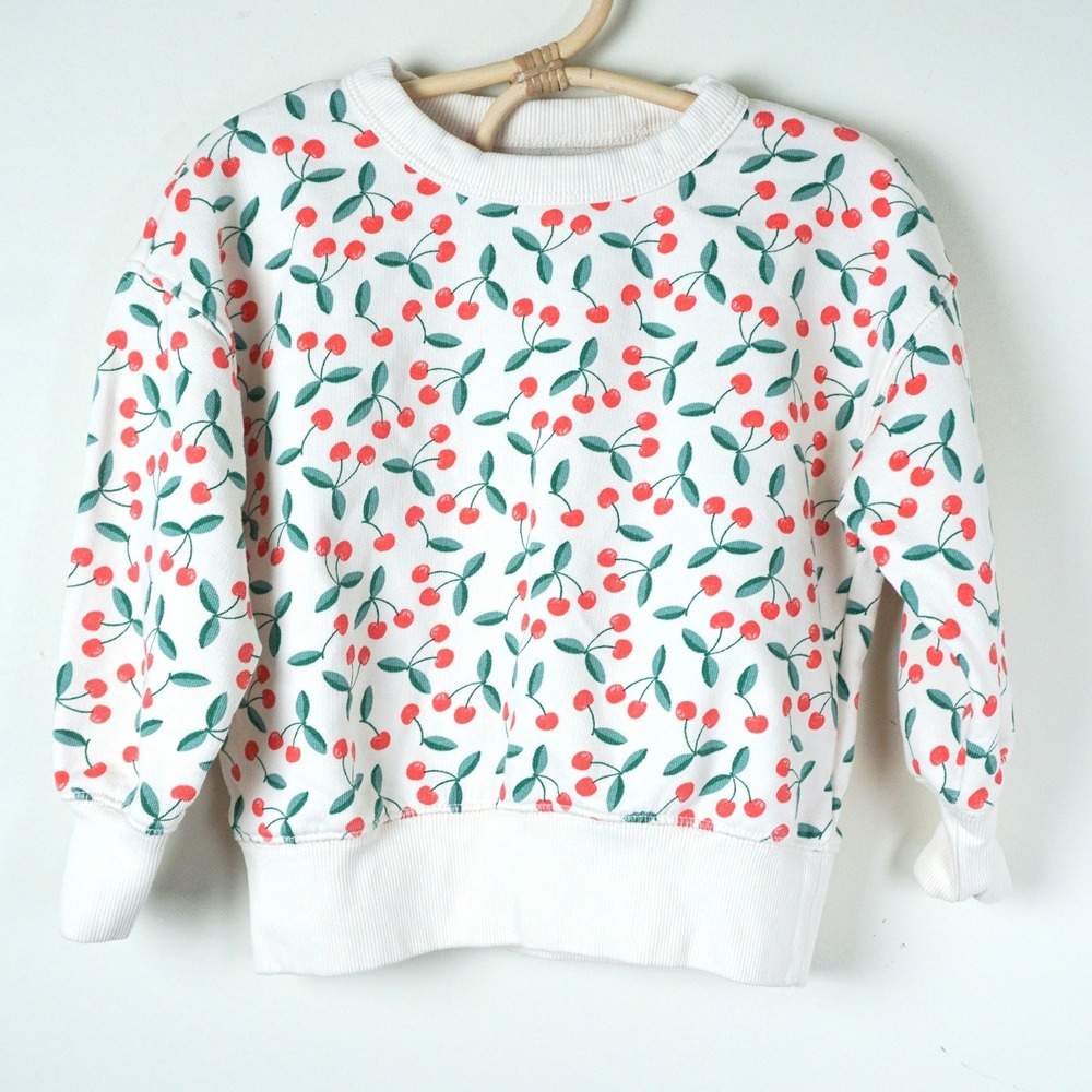 Monoprix Sweatshirt Kids 4 White Cherry Print Cotton Pullover Top